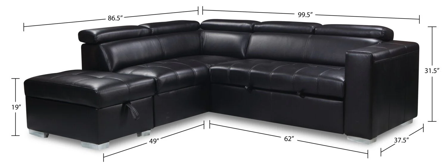 Foynes 3-Piece Leather-Look Fabric Left-Facing Sleeper Sectional - Black - Image 10
