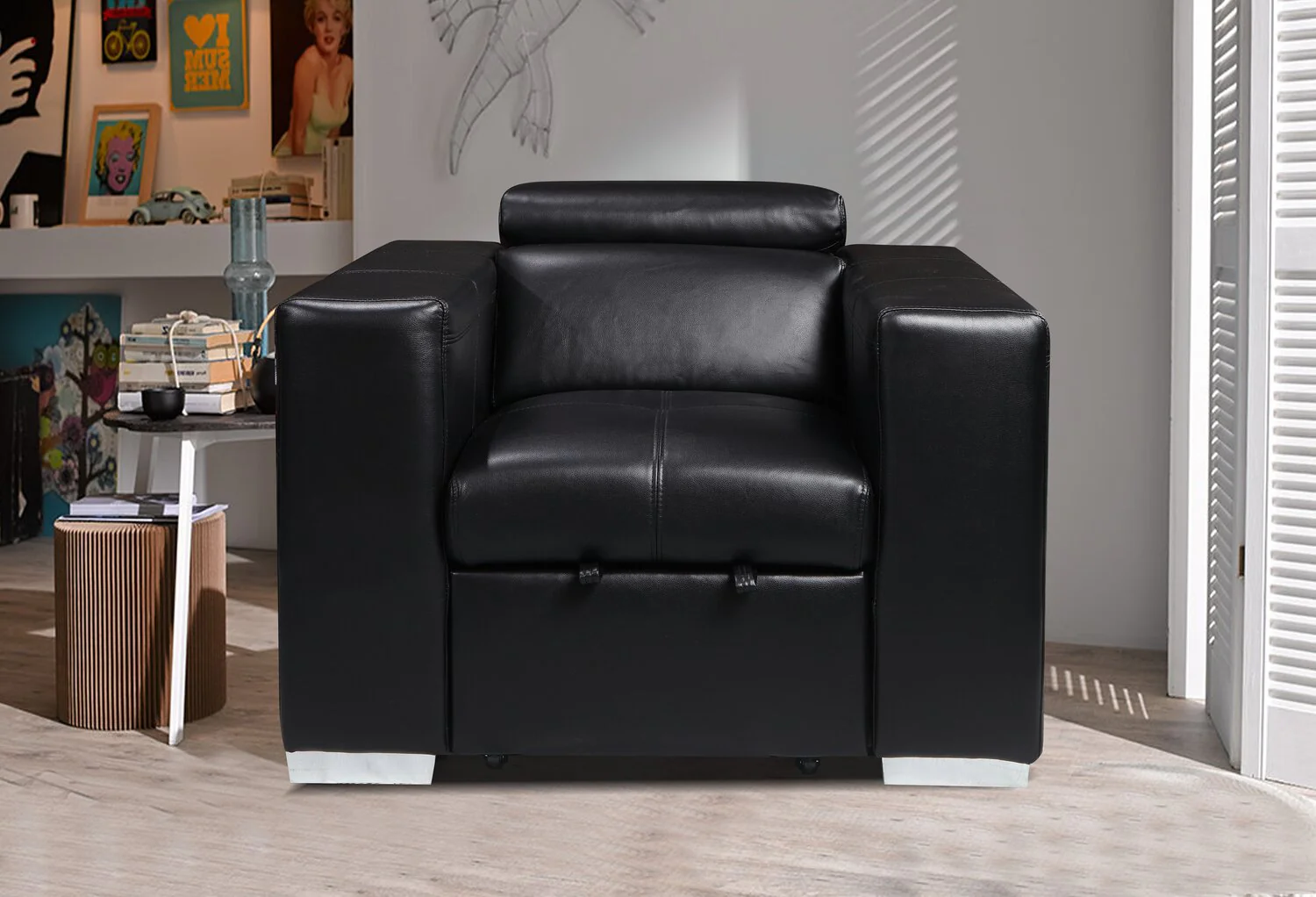 Foynes Leather-Look Fabric Chair with Pull-Out Ottoman - Black - Image 3