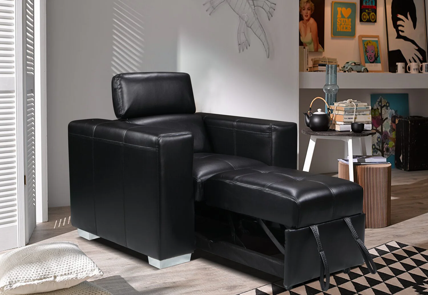 Foynes Leather-Look Fabric Chair with Pull-Out Ottoman - Black - Image 4