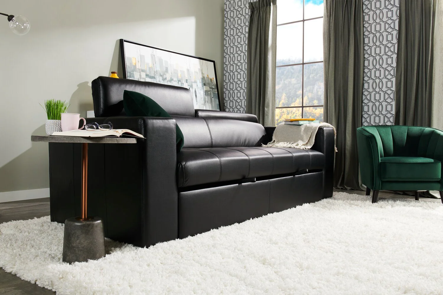 Foynes Leather-Look Fabric Sleeper Sofa - Black - Image 4