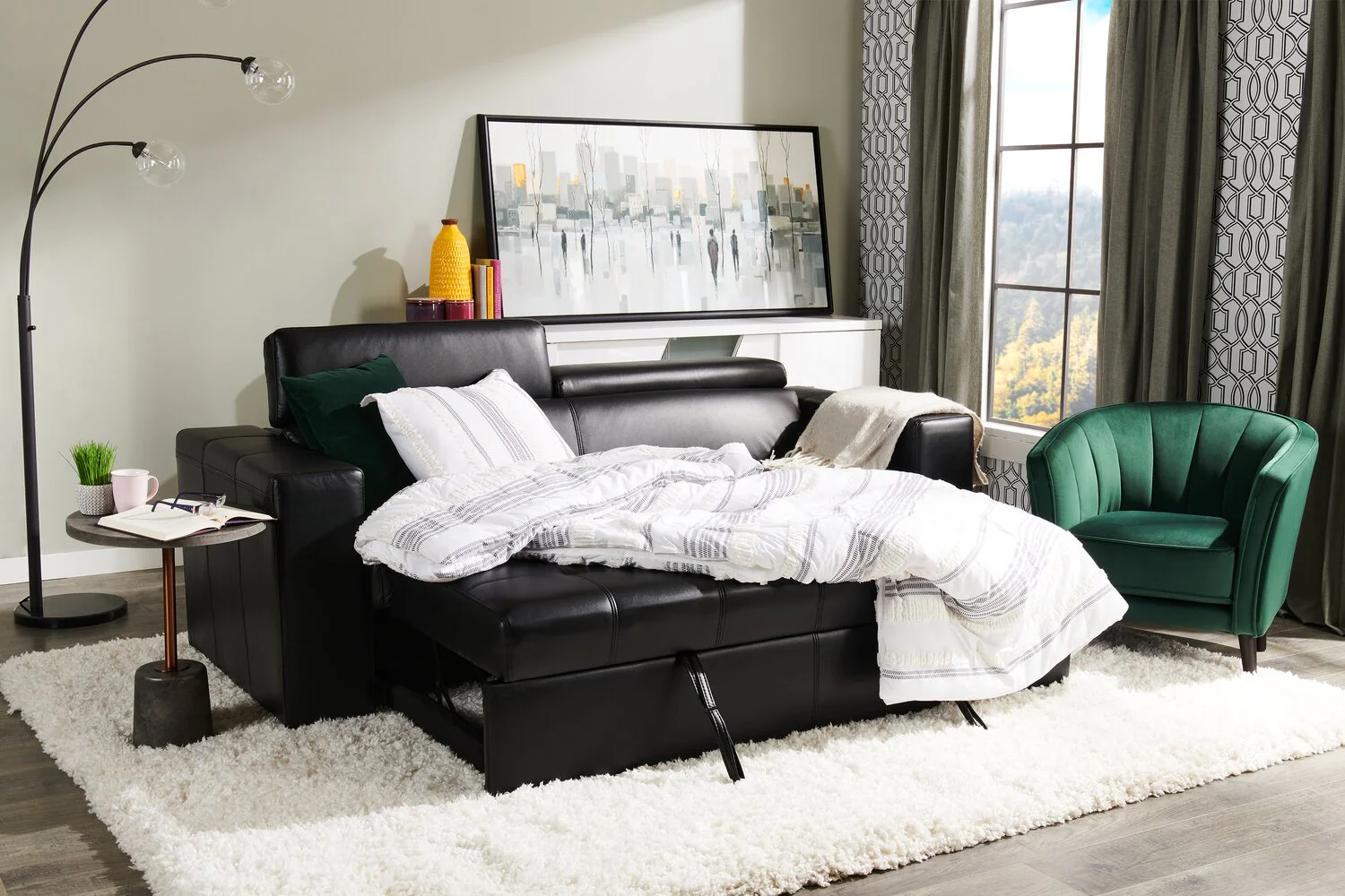 Foynes Leather-Look Fabric Sleeper Sofa - Black - Image 5