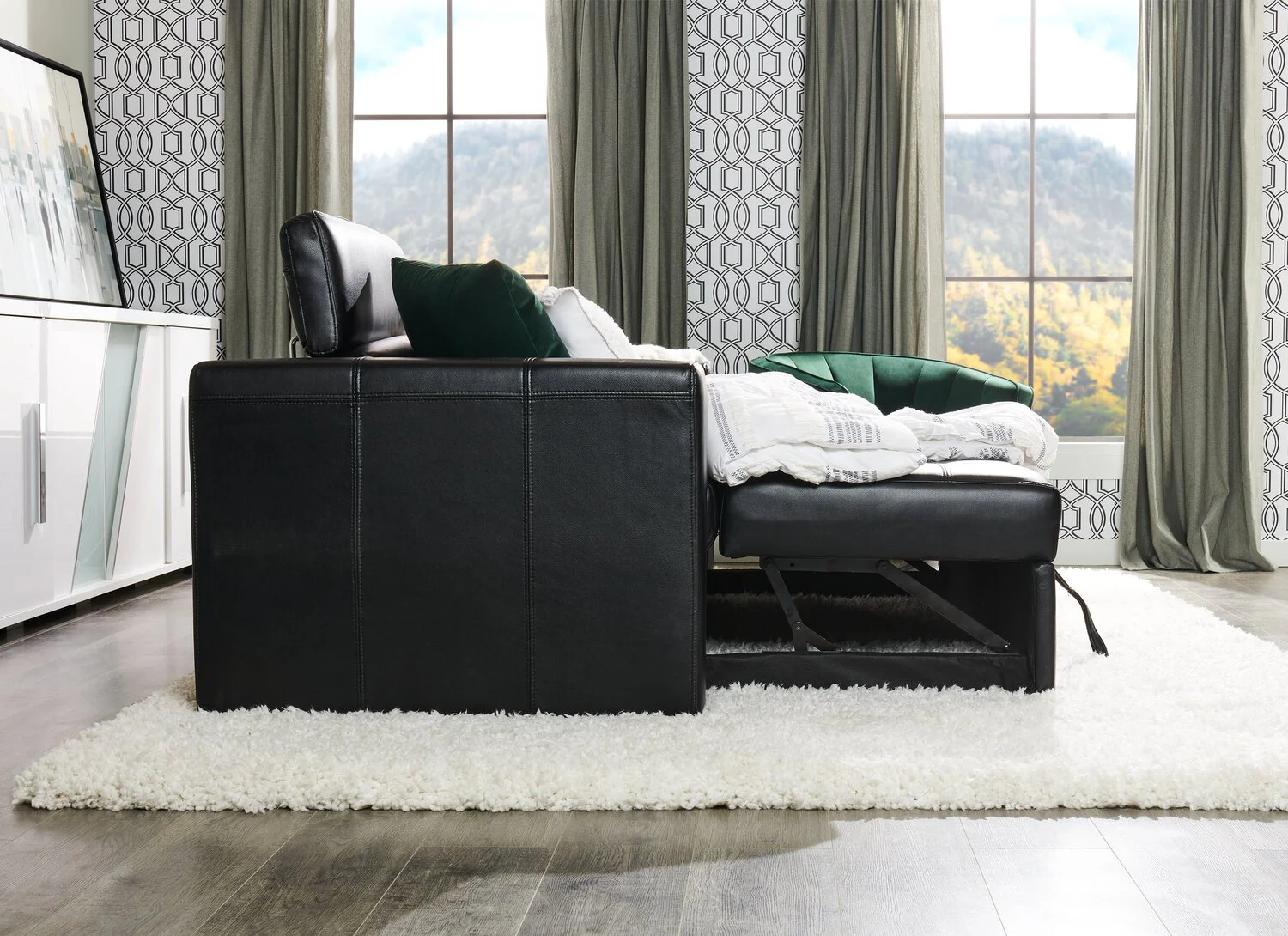Foynes Leather-Look Fabric Sleeper Sofa - Black - Image 6