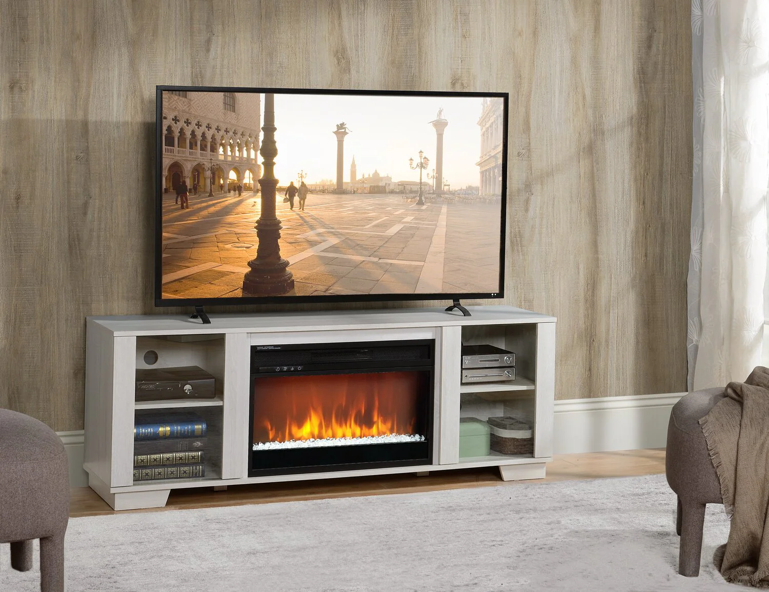 Lixa 62" TV Stand with Crystal Ember Firebox - White - Image 6
