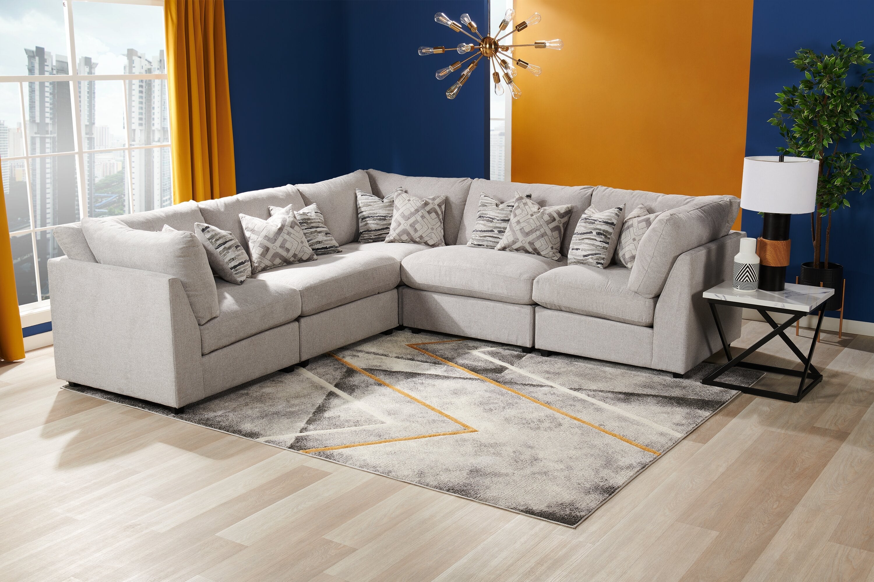 Skye Linen-Look Fabric 5-Piece Modular Sectional with 3 Corner Chairs - Light Grey - Image 13