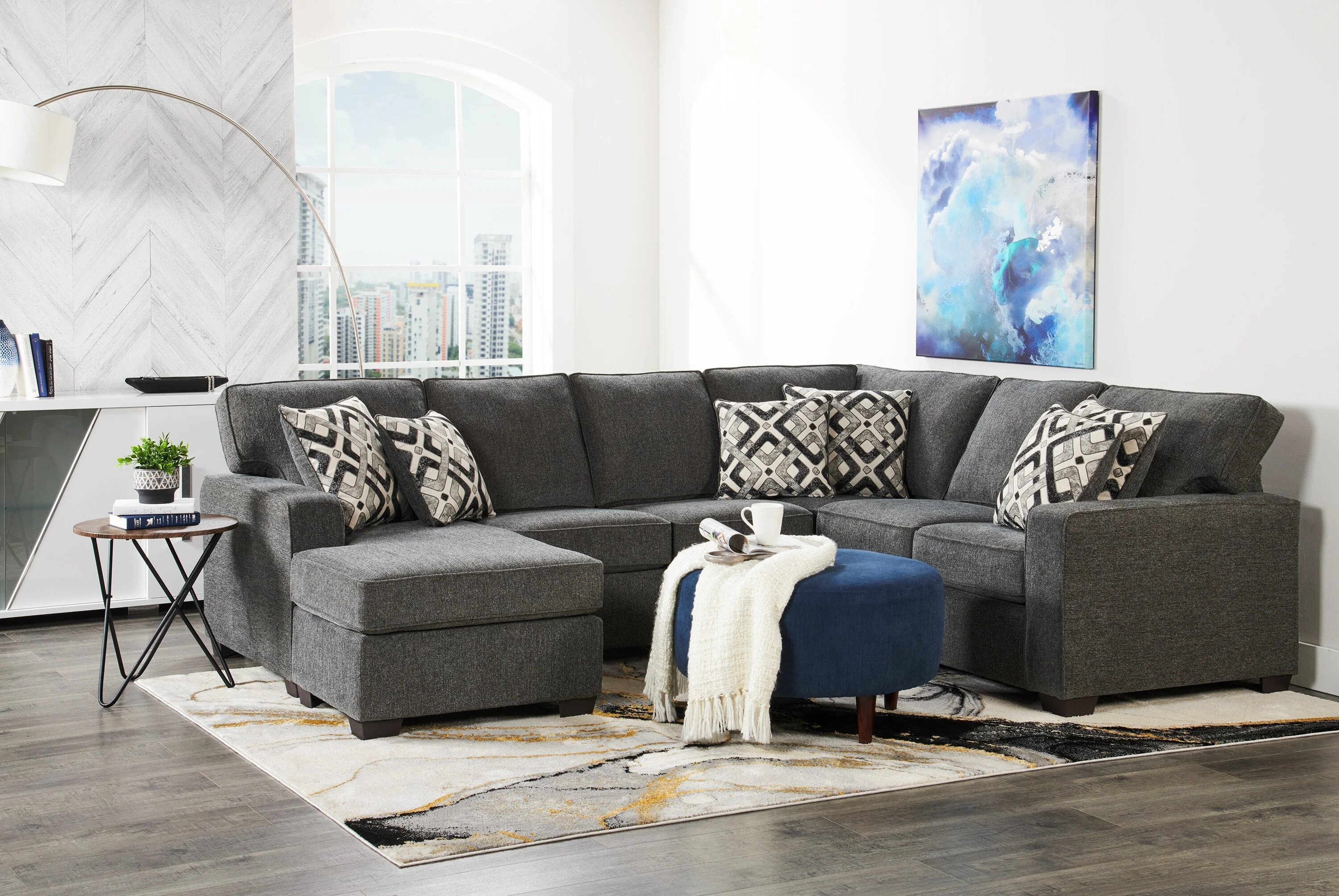 Stratford 2-Piece Brushed Linen-Look Fabric Left-Facing Sectional - Charcoal - Image 3