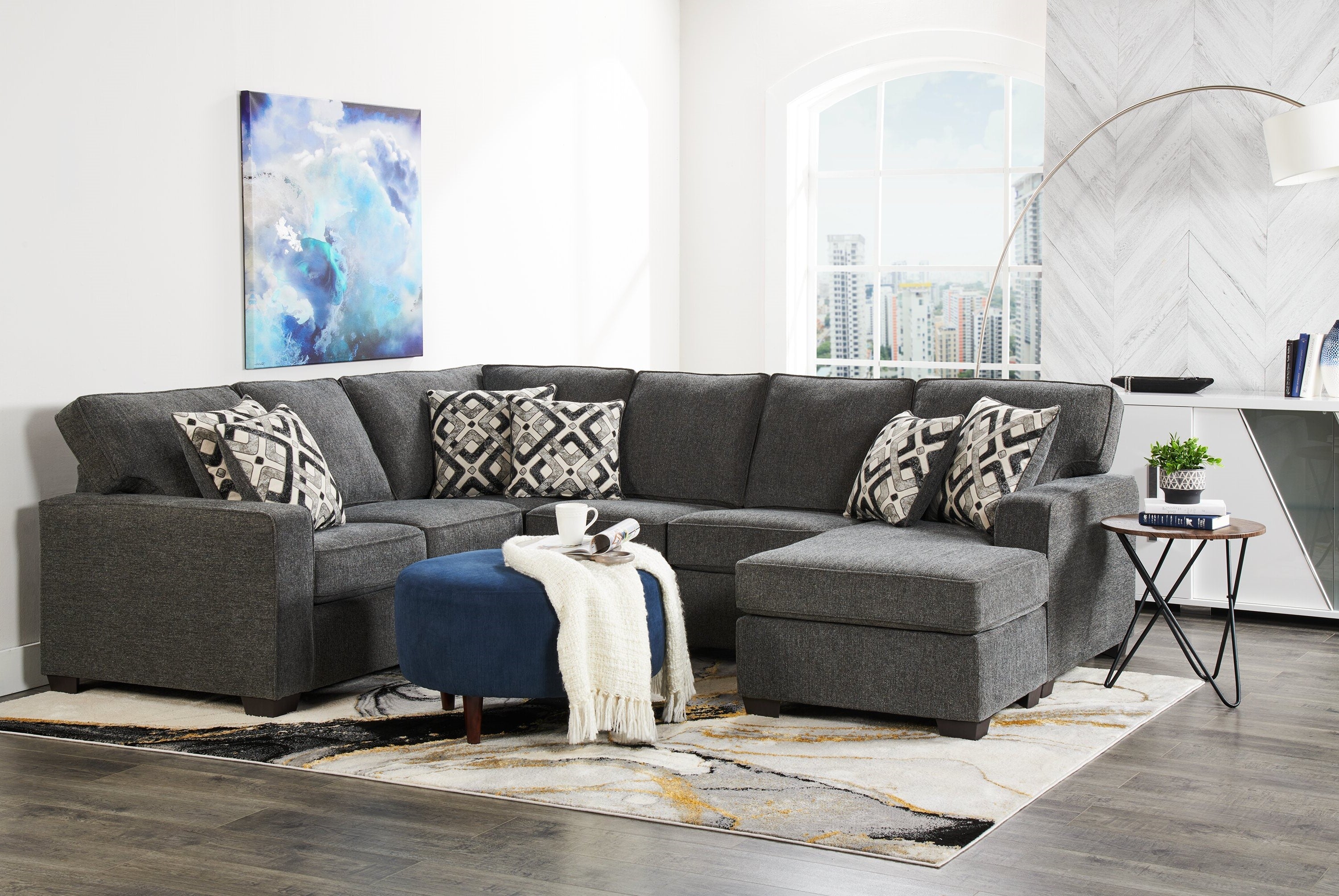 Stratford 2-Piece Brushed Linen-Look Fabric Right-Facing Sectional - Charcoal - Image 4