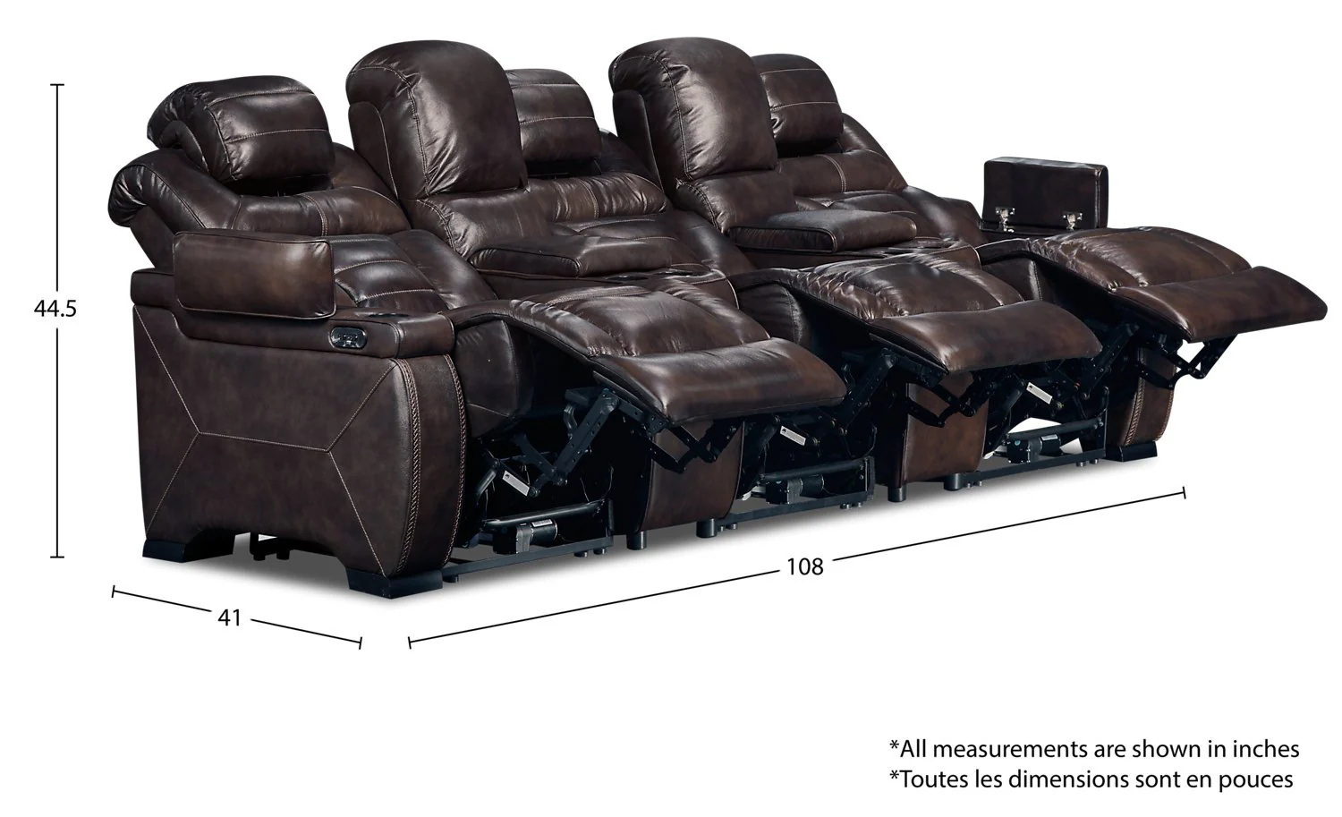 Strathmeyer 5-Piece Genuine Leather Home Theatre Power Reclining Sectional - Brown - Image 3